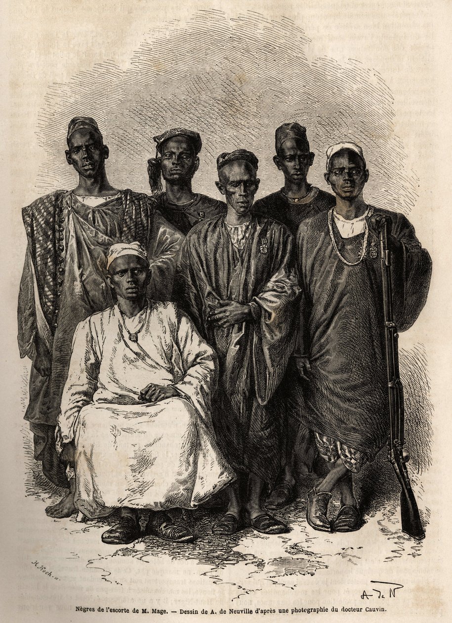 Die afrikanische Eskorte von Mage, Leutnant auf dem Schiff, auf Mission zum Niger geschickt. Gravur zur Illustration der Reise von Leutnant Mage im westlichen Sudan zwischen 1863 und 1866, veröffentlicht in „Le tour du monde, nouveau journal des voyages“,  von Unknown artist