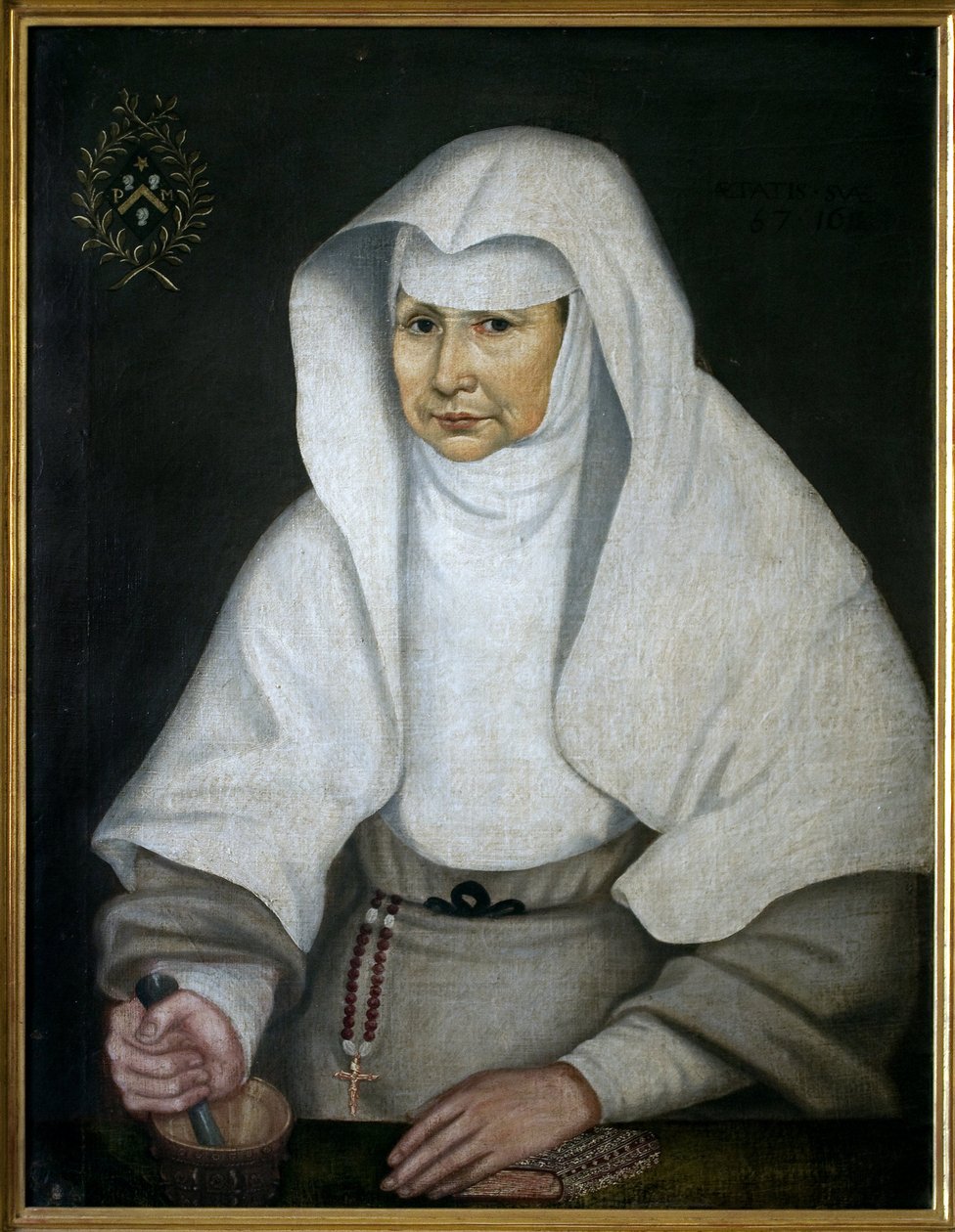 Die Apothekerin Schwester Pierrette Monnet (1557-1628), vom Hotel Dieu de Beaune. Dargestellt mit einem Mörser und seinem Stößel in der Hand. Anonymes Gemälde, Öl auf Leinwand. von Unknown artist