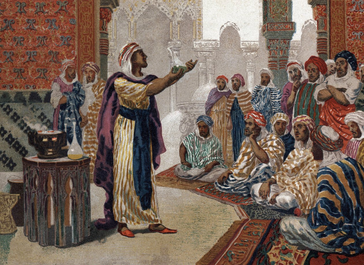 Der arabische Alchemist Geber (Jâbir ibn Hayyan) (ca. 721-ca. 815), ätzt Chemie. Barcelona 1881 von Unknown artist