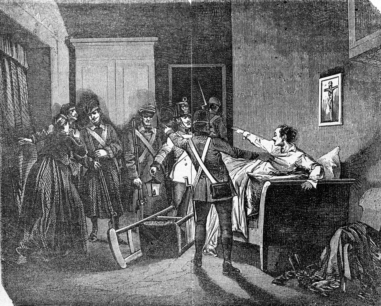 Die österreichisch-ungarische Polizei verhaftet einen Carbonaro, Mitglied der geheimen politischen Gesellschaft. Gravur des 19. Jahrhunderts. von Unknown artist
