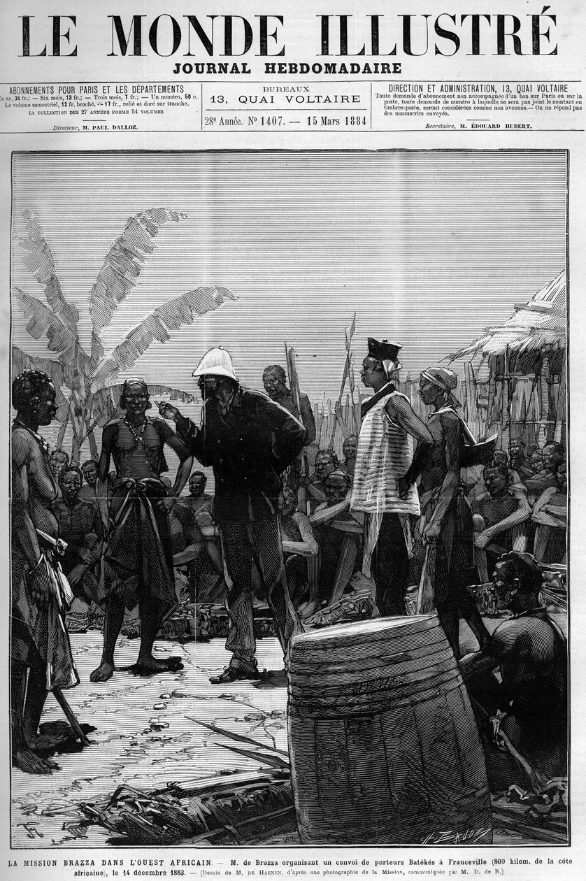 Die Brazza-Mission in Westafrika: Pietro Paolo Savorgnan di Brazza oder Pierre Paul Francois Camille Savorgnan de Brazza (1852-1905) organisiert einen Konvoi von Batekes-Trägern nach Franceville (Gabun) am 14. Dezember von Unknown artist
