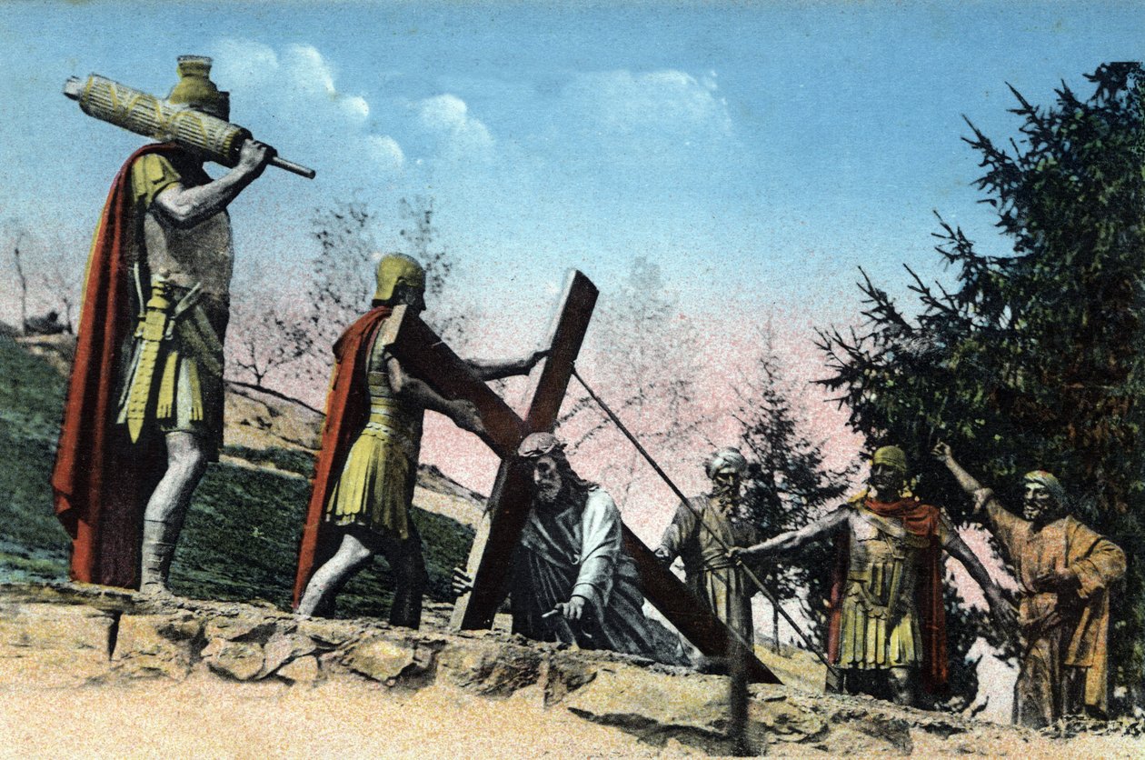 Der Kalvarienberg von Lourdes (Kreuzweg): III. Station - Jesus fällt unter der Last seines Kreuzes. von Unknown Artist