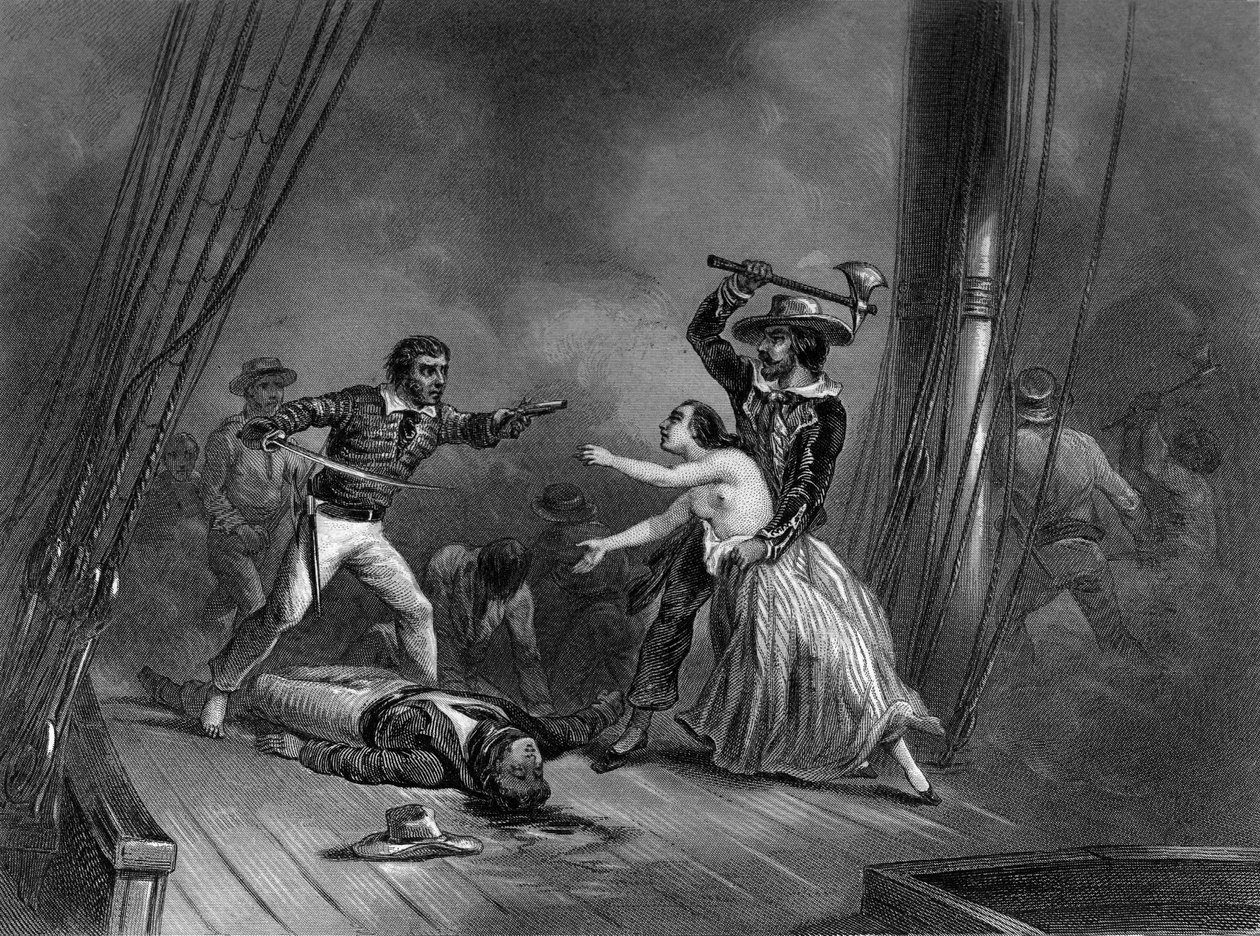 Der karibische Pirat Morgan entführt die schöne Spanierin. In „Histoire générale de la marine“ von Van Tenac. von Unknown artist