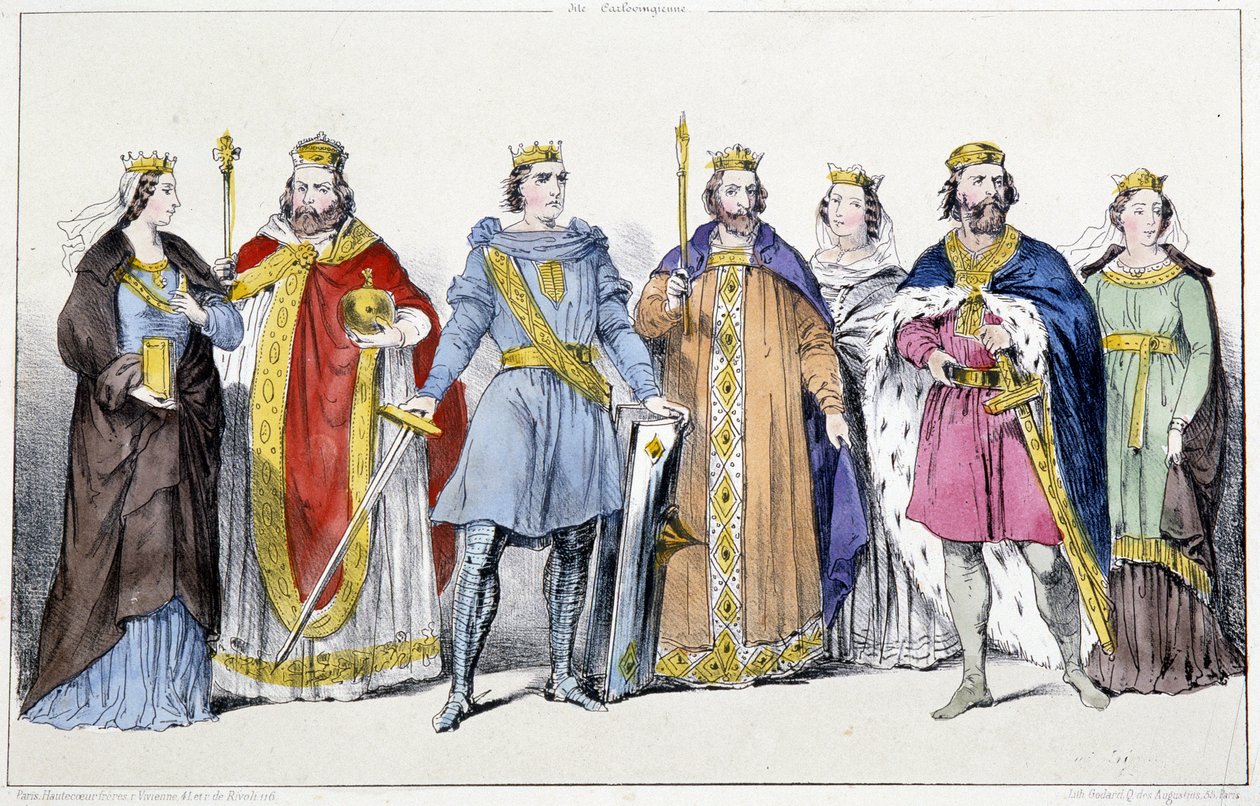 Die Karolinger: Richarde (845-nach 887) und Karl III. der Dicke (839-888), Arnulf von Kärnten (ca. 850-899), Ludwig IV. von Übersee (920-954) und Gerberge von Deutschland (913-984), Lothar IV. (941-986) und Emma von Italien (948-1006) - Platte aus Könige u von Unknown artist