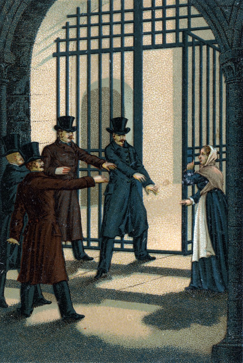 Die vier Sergeanten (Bories, Pomier, Raoulx und Goudin) von La Rochelle, die unter der Restauration beschuldigt wurden, die Monarchie stürzen zu wollen, und 1822 guillotiniert wurden. Ihr Verbrechen war die Zugehörigkeit zur Charbonnerie (Carboneria). von Unknown artist