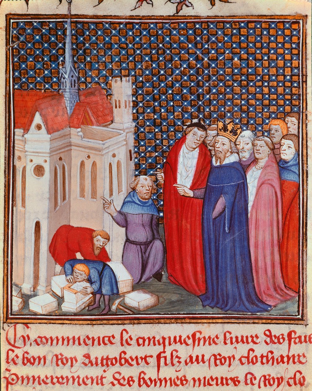 Der Frankenkönig Dagobert I. beaufsichtigt den Bau eines Gebäudes (Miniatur aus „Les grandes Chroniques de France“ oder „Les Chroniques de Saint Denis“) von Unknown artist