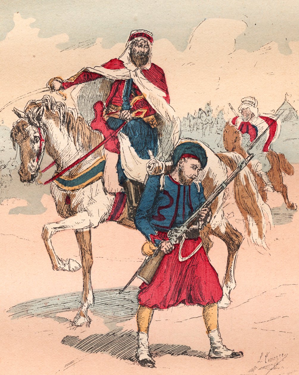 Die französische Armee unter der Herrschaft von Louis Philippe von 1830 bis 1848 - Zouave und Spahi - Gravur von 1882 in „Histoire de dix ans: 1830-1840“ von Louis-Blanc (1811-1882) von Unknown artist