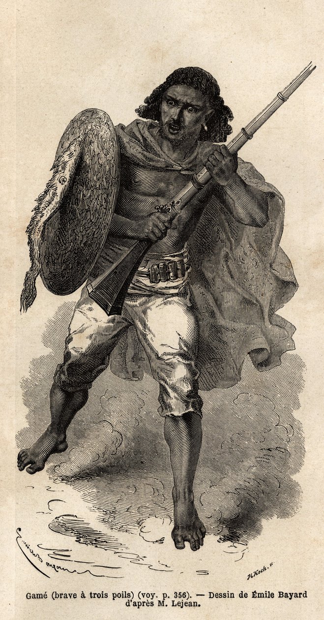 Das Spiel, oder der tapfere mit drei Haaren, abessinischer Gewehrsoldat. Gravur zur Illustration der Reise nach Abessinien, im Jahr 1862 von Guillaume Lejean, in „Le tour du monde, nouveau journal des voyages“, veröffentlicht unter der Leitung von Edouard  von Unknown artist