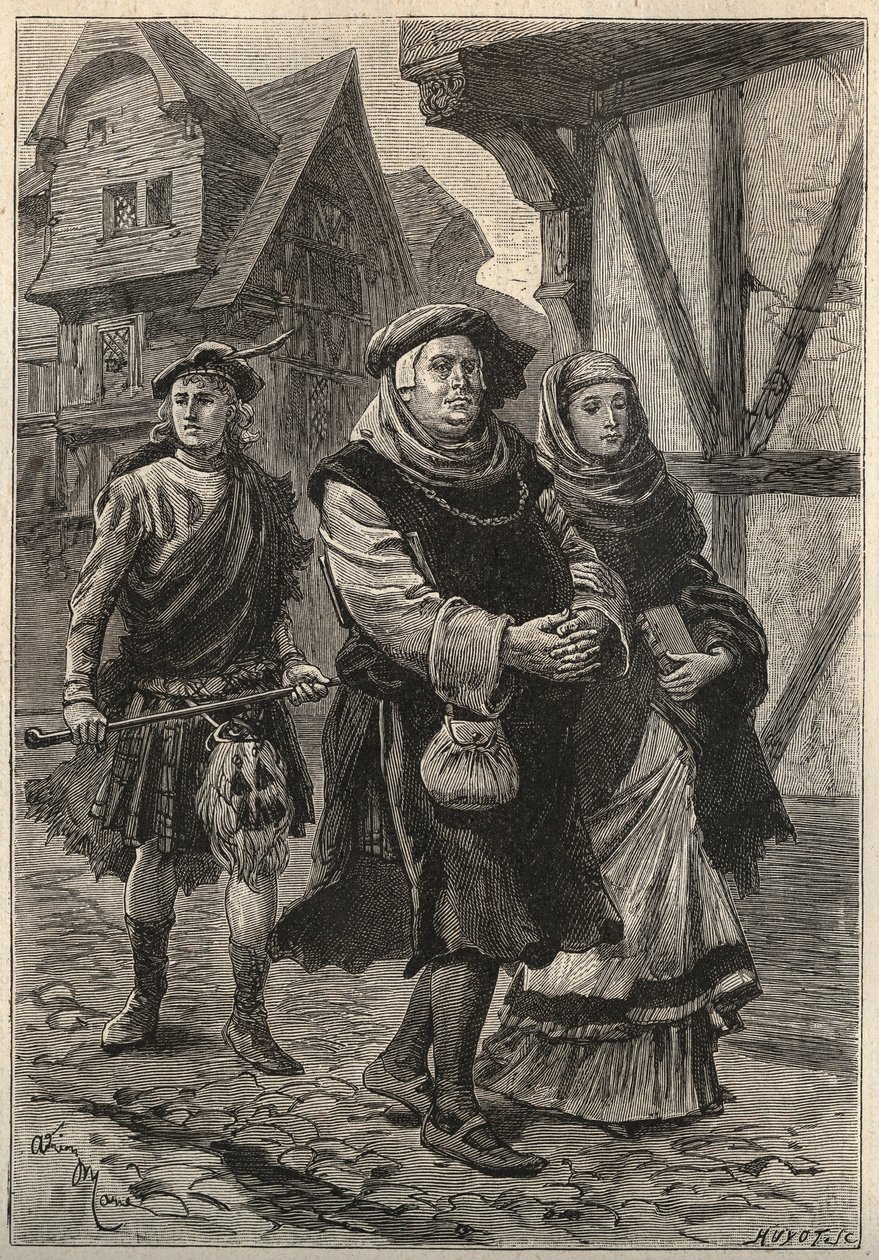Der Gärtner begleitet seine Tochter zur Kirche - Illustration des 19. Jahrhunderts für den historischen Roman „The Pretty Girl of Perth or Valentine