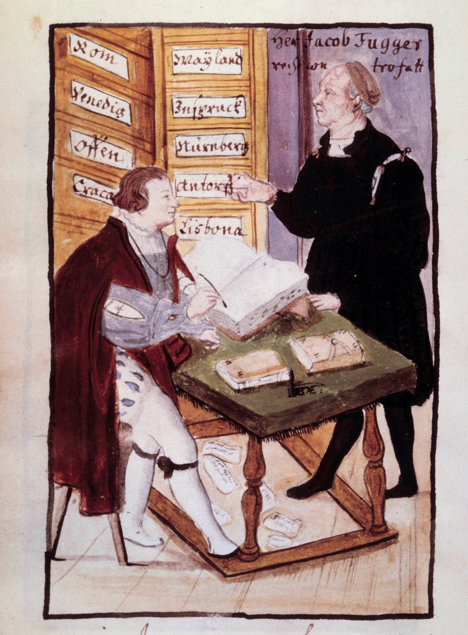 Der deutsche Bankier Jakob Fugger in seinem Büro mit seinem deutschen Buchhalter Matthäus Schwarz von Unknown artist
