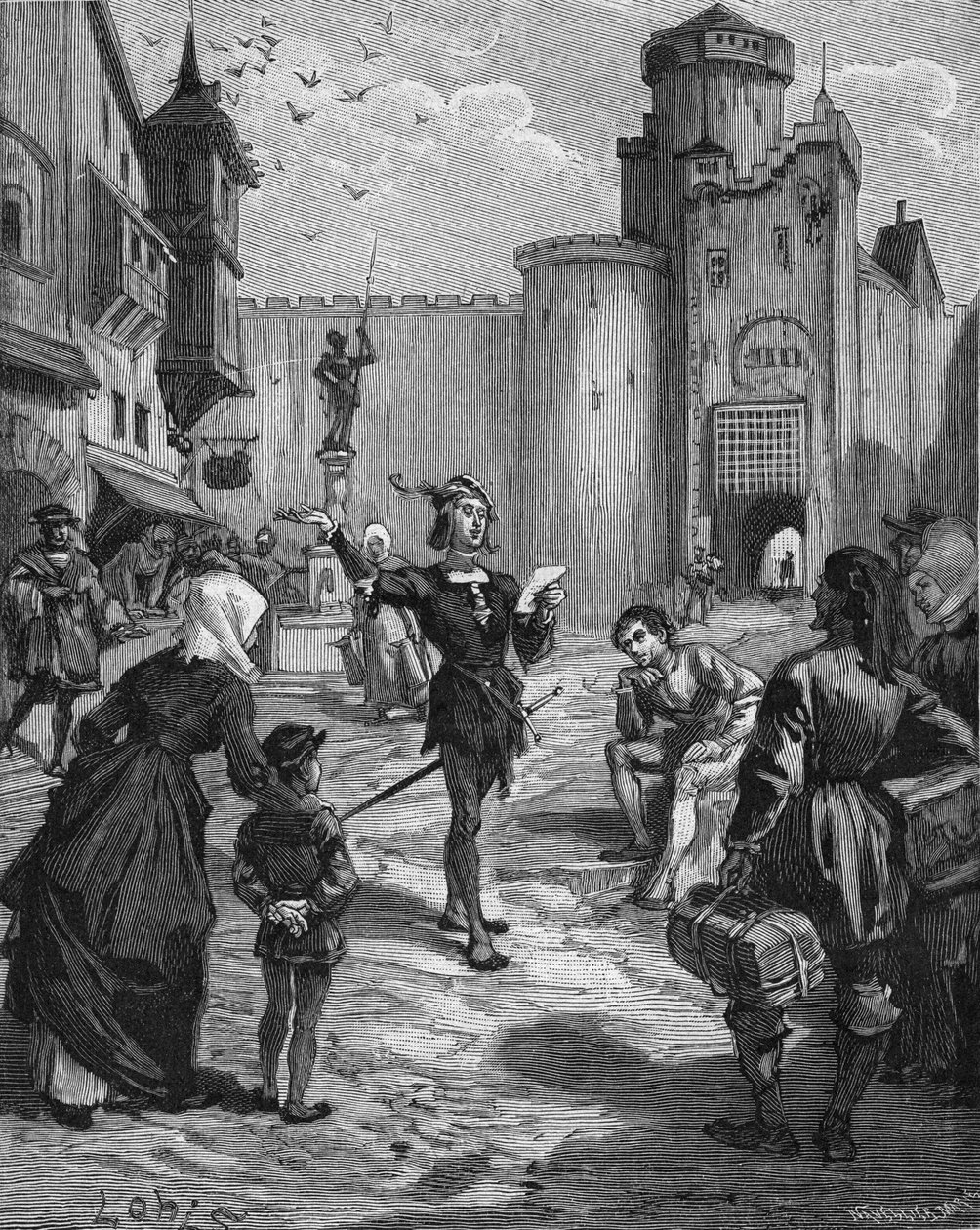 Der deutsche Ritter, Dichter und Humanist Ulrich von Hutten (1488-1523) deklamiert eines seiner Gedichte auf der Straße. Gravur des 19. Jahrhunderts. In „Histoire de France“ von Jules Michelet von Unknown artist