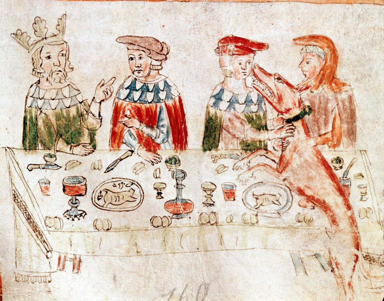 Der König der Franken Pippin III. der Kurze (714-768) und sein Sohn Karl der Große bei einem Bankett. Miniatur aus einem Manuskript des 12. Jahrhunderts. Venedig, Biblioteca Nazionale Marciana von Unknown artist