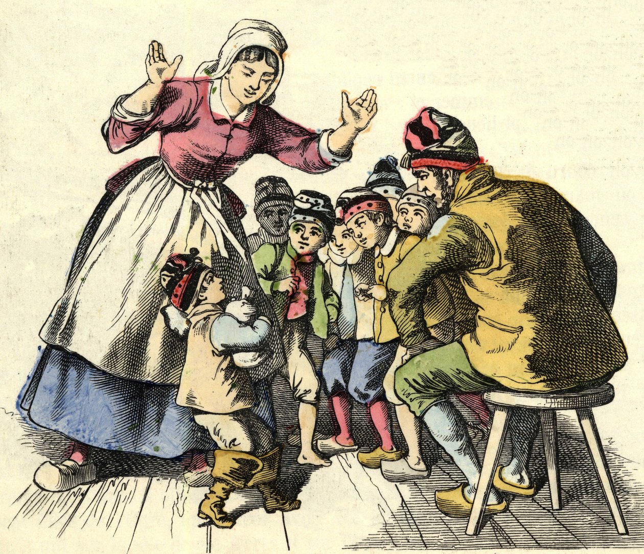 Der kleine Poulet und seine Brüder kehren zu ihren Eltern zurück. Illustration aus dem Märchen „Der kleine Däumling“ von Charles Perrault von Unknown artist