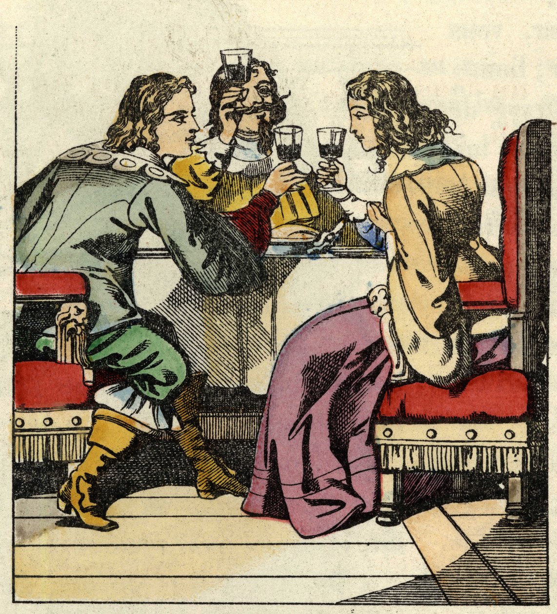 Der Marquis von Carabas lädt die Prinzessin und den König zum Essen ins Schloss ein. Illustration des Märchens „Der gestiefelte Kater“ von Charles Perrault. von Unknown artist