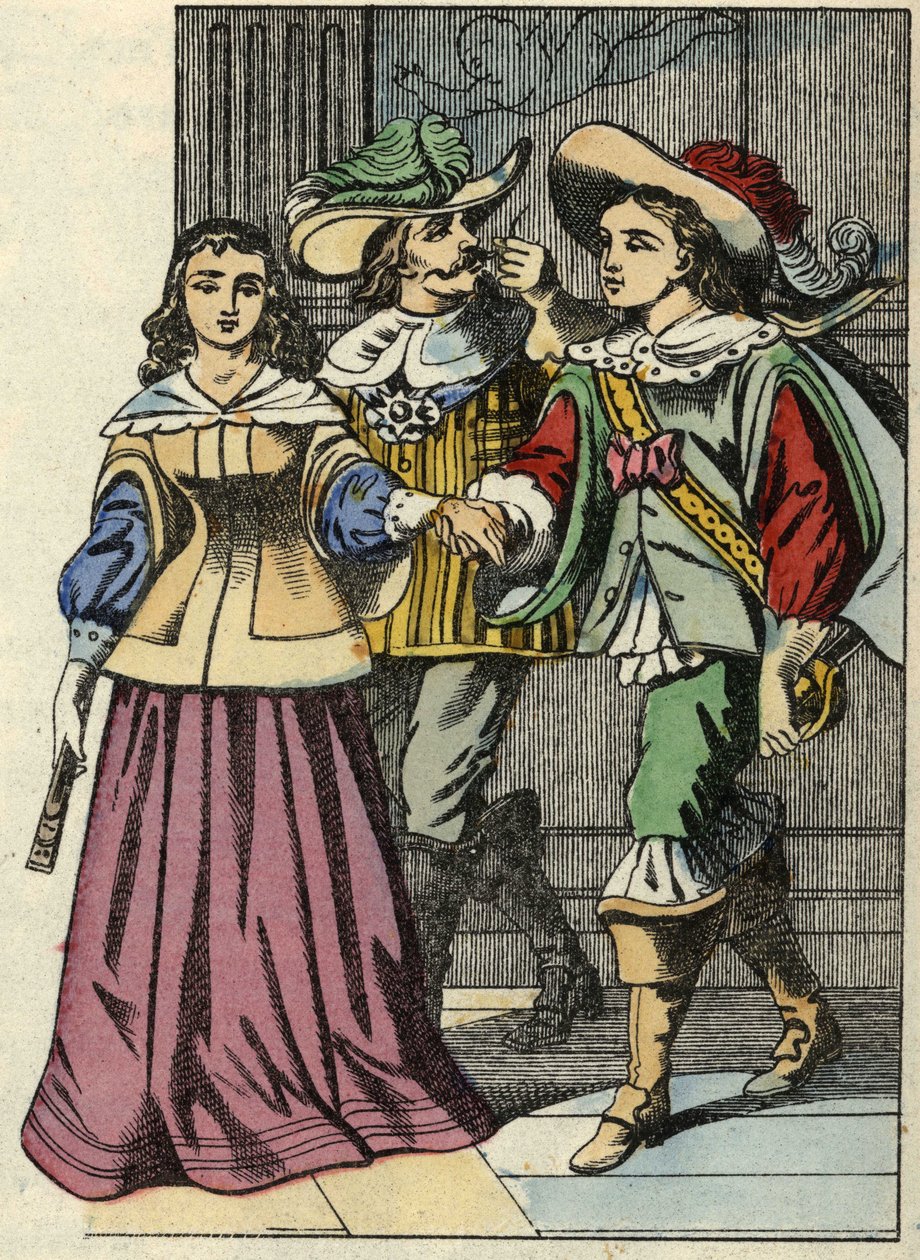 Der Marquis von Carabas, die Prinzessin und der König im Schloss. Illustration des Märchens „Der gestiefelte Kater“ von Charles Perrault von Unknown artist