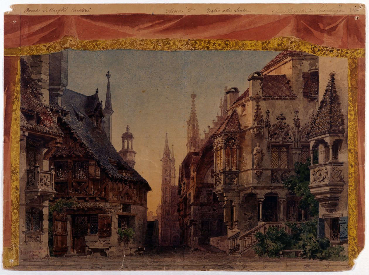 Die Meistersinger von Nürnberg, WWV 96, Oper von Richard Wagner, uraufgeführt 1868. Bühnenbild von Ferrario für La Scala in Mailand von Unknown artist