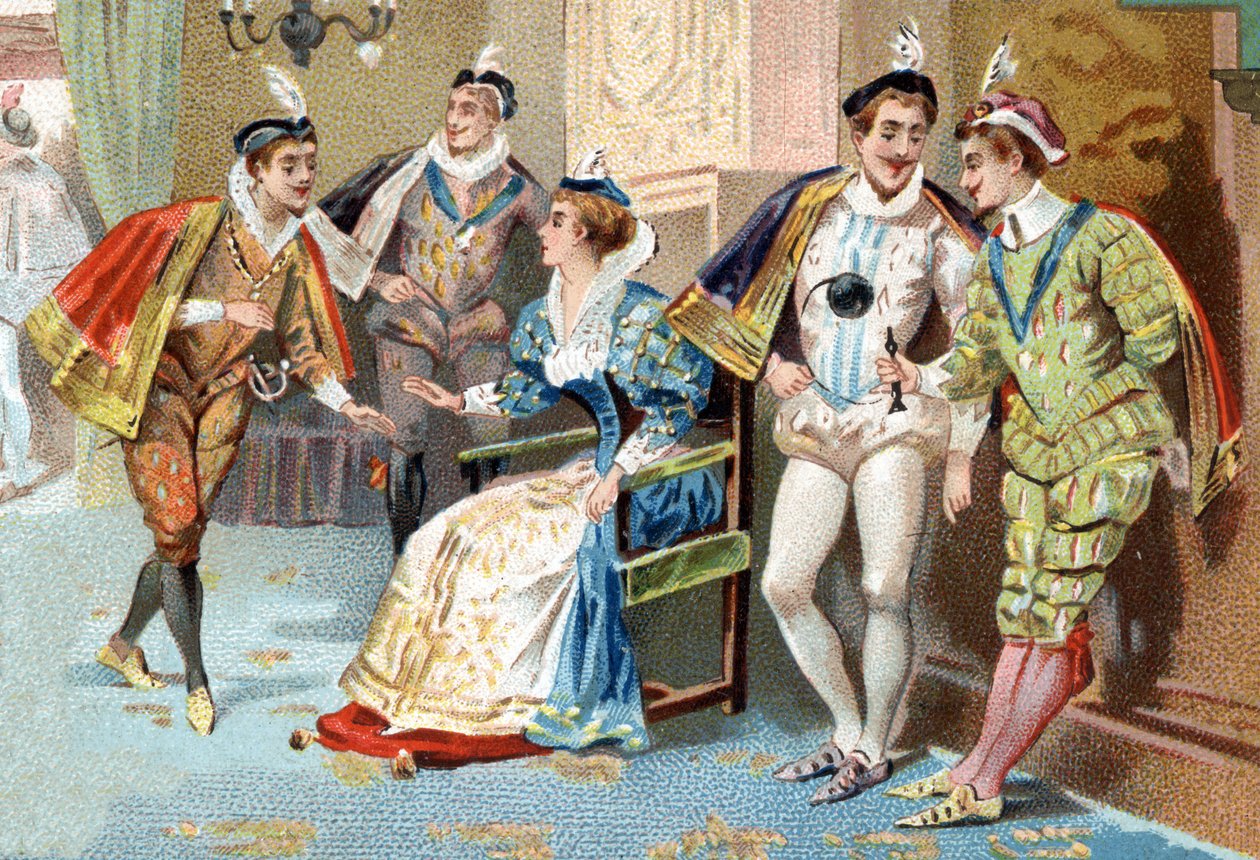 Der Louvre-Palast unter der Herrschaft von Heinrich III. (16. Jahrhundert): junge Männer des Hofes des Königs. Chromolithographie aus dem späten 19. Jahrhundert. von Unknown artist