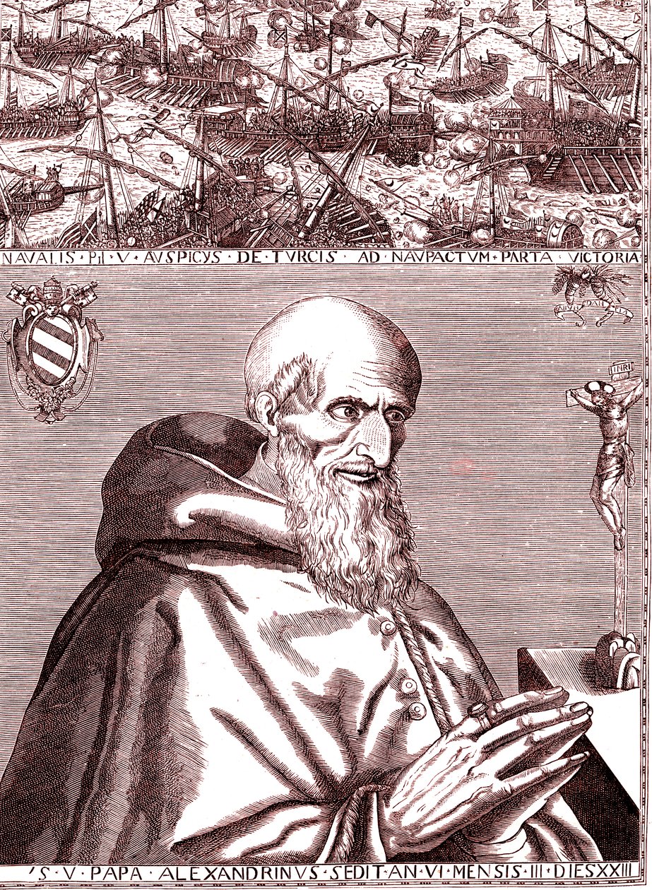 Papst Pius V. schließt ein Bündnis mit der spanischen Flotte und der venezianischen Flotte gegen die Türken in der Schlacht von Lepanto im Oktober 1571 von Unknown artist