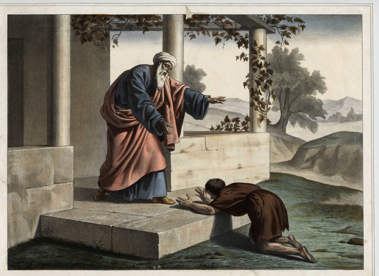 Die Rückkehr des verlorenen Sohnes - Das Gleichnis vom verlorenen Sohn: die Rückkehr des verlorenen Kindes zu seinem Vater. Anonyme Gravur aus der Mitte des 19. Jahrhunderts. von Unknown artist