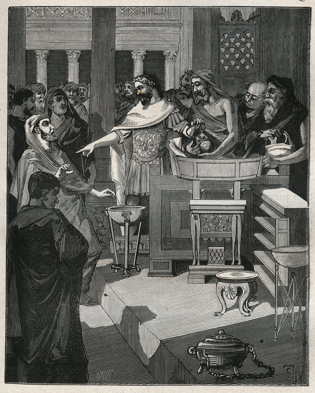 Der römische Kaiser Caligula (12-41) in einem Brocanter in Gallien. Gravur von 1885 in „Les arts et métiers illustrés“ von Adolphe Bitard. von Unknown artist