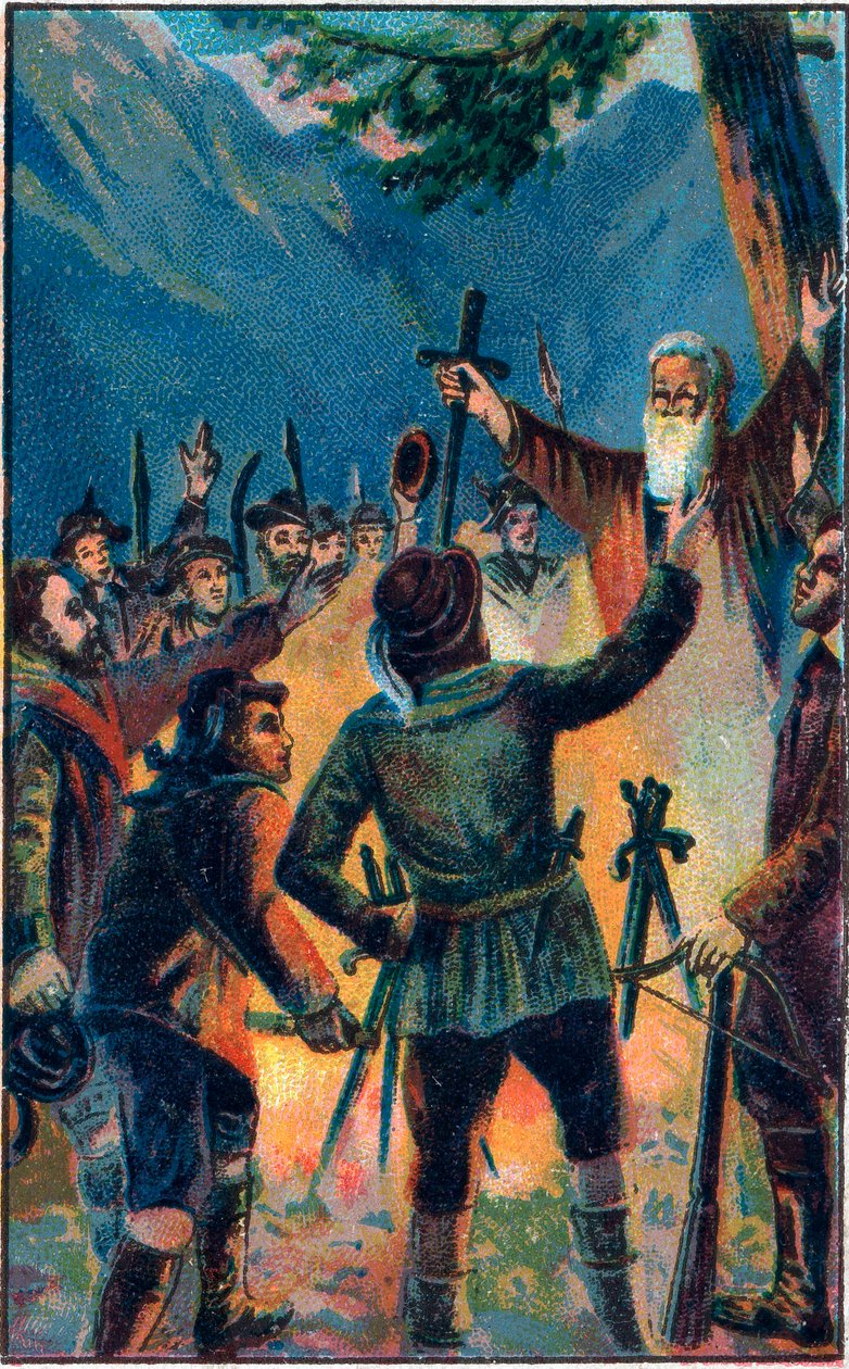 Der Rutlischwur - legendärer Eid der Alten Schweizerischen Eidgenossenschaft - Die drei Schweizer Eidgenossen schwören Treue auf dem Rütli. Chromolithographie aus dem späten 19. Jahrhundert von Unknown artist