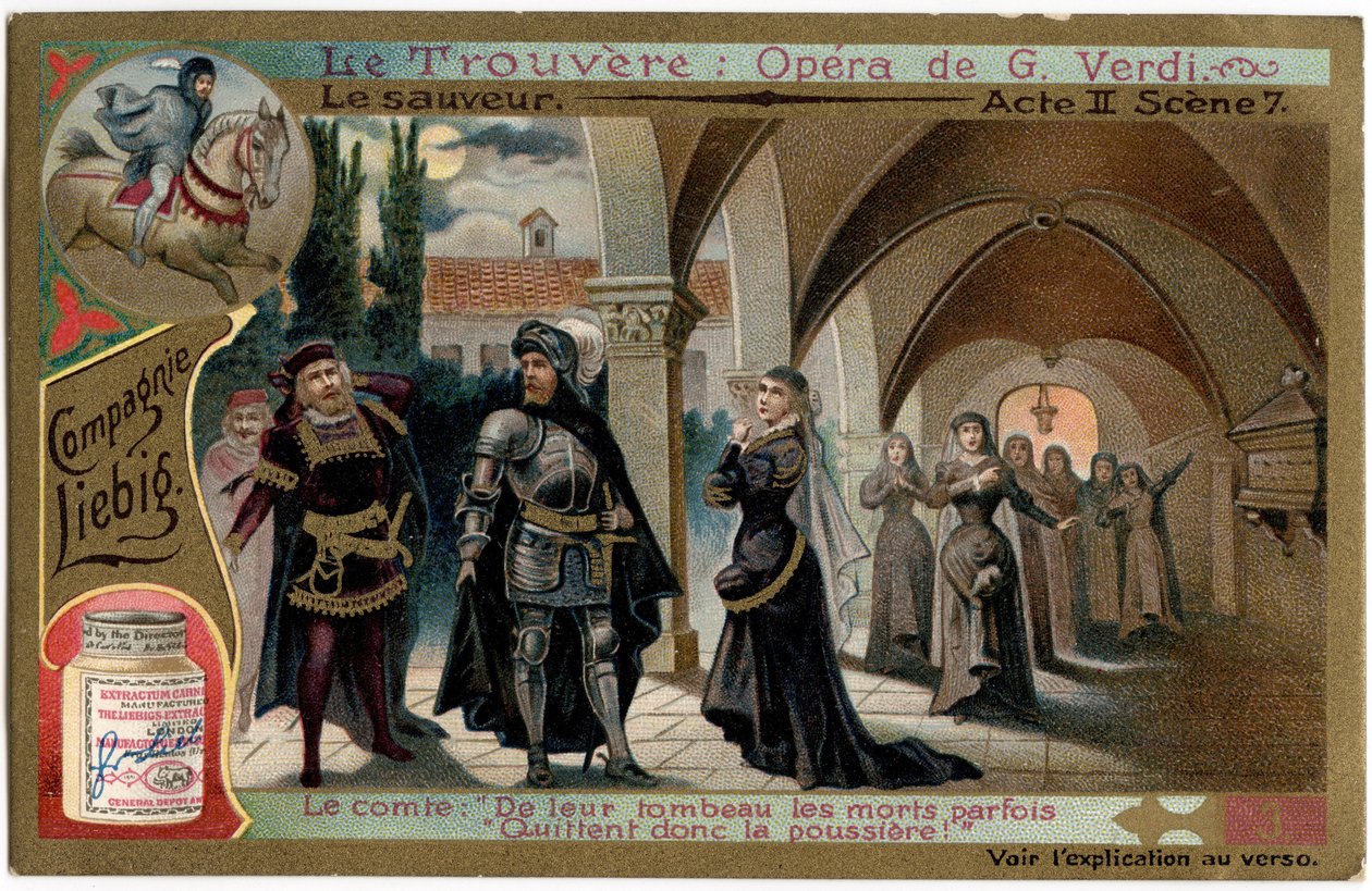 Der Save Akt II Szene 7. Illustration für die Oper „Il trovatore“ von Giuseppe Verdi (1813-1901). Chromolithographie (Chromo) Liebig aus dem späten 19. Jahrhundert. von Unknown artist