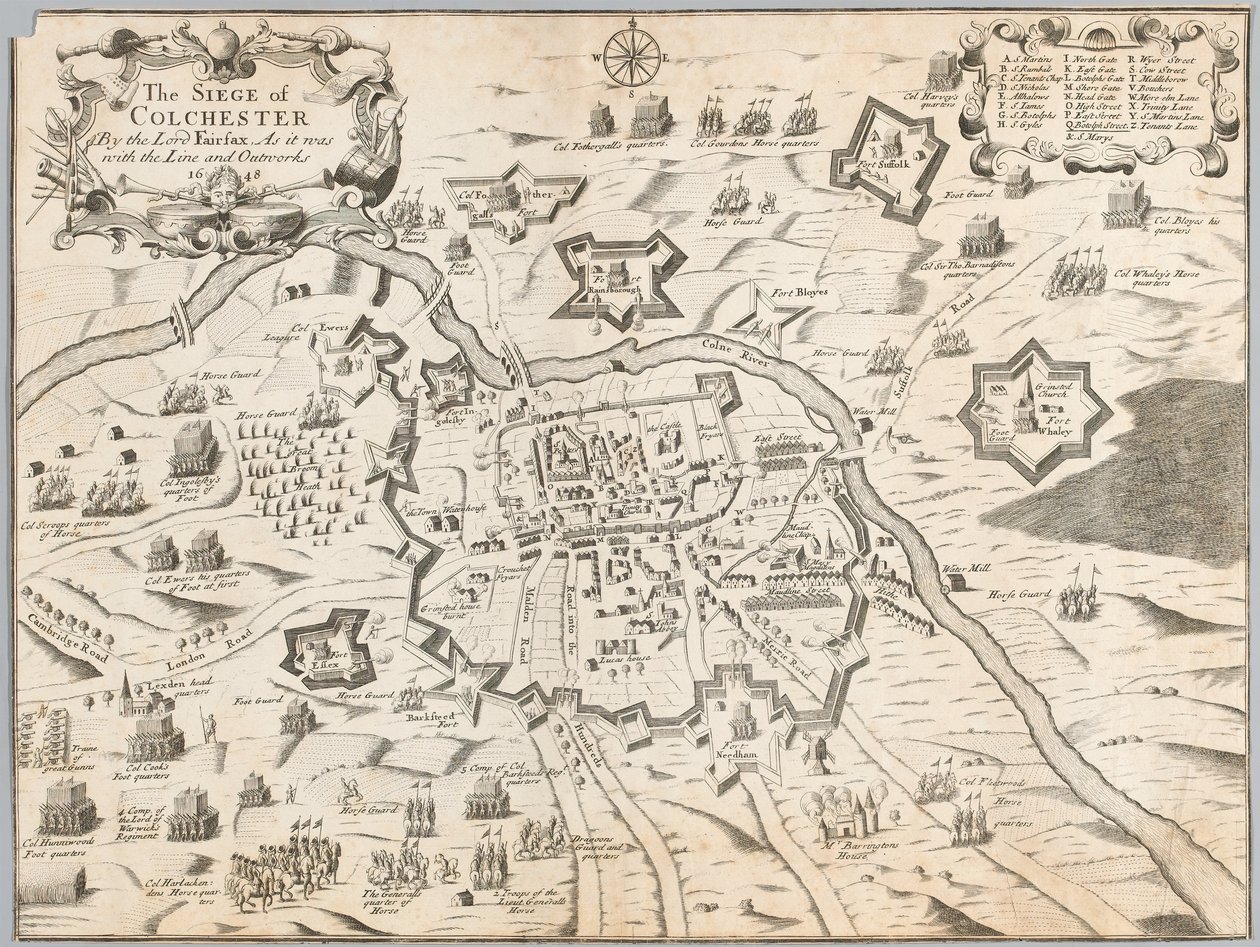 Die Belagerung von Colchester durch Lord Fairfax, wie es mit der Linie und den Außenwerken 1648 war (Gravur) von Unknown artist