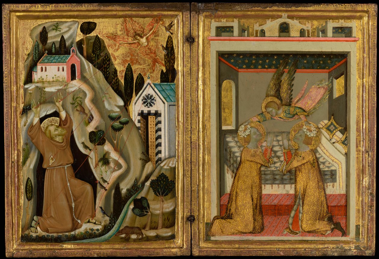 Die Stigmatisation des Heiligen Franziskus und Engel krönt die Heiligen Cäcilia und Valerian von Unknown Artist