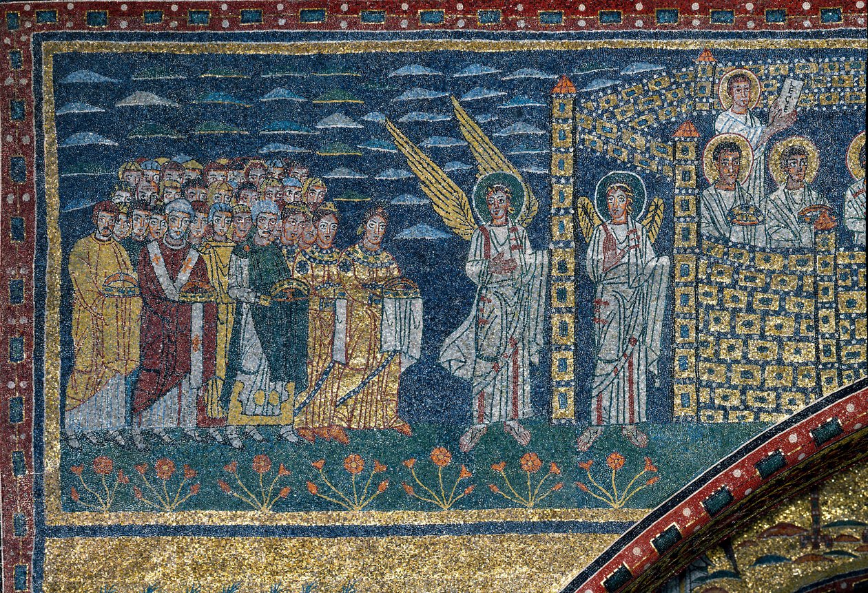 Die Vision des himmlischen Jerusalem: Die Auserwählten bewegen sich auf die von Engeln bewachte Stadt zu. Detail von Unknown artist