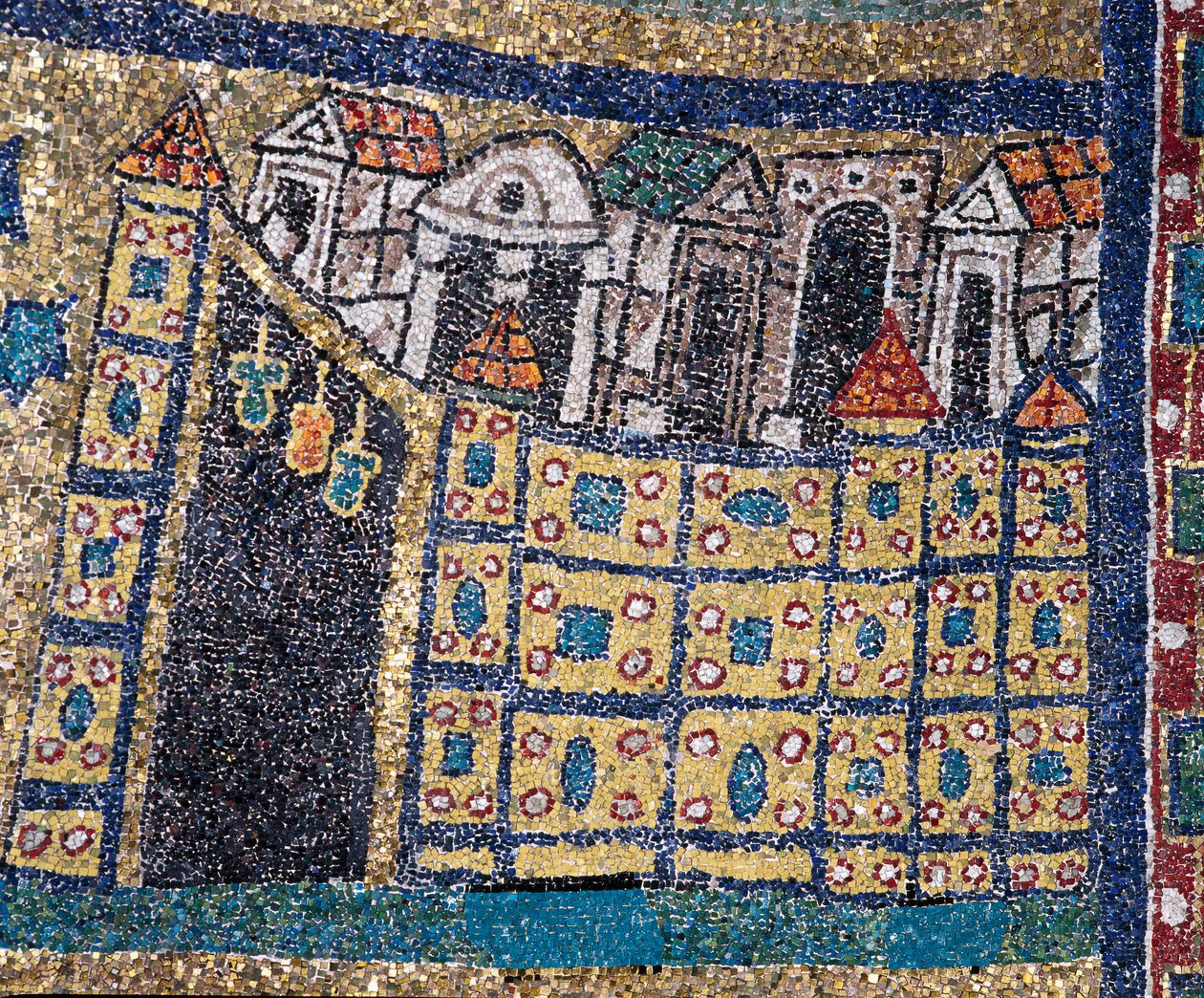 Die Vision des himmlischen Jerusalem: Detail von Jerusalem, dargestellt in einer befestigten Stadt. Mosaik um 830. Triumphbogen der Basilika Santa Prassede, Rom von Unknown artist