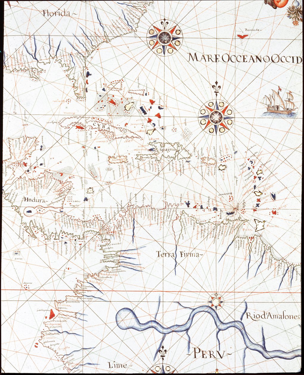 Die Westindischen Inseln: Florida, Honduras, Kuba, Peru und die Karibik (Detail des Portulans von Castellini) von Unknown artist