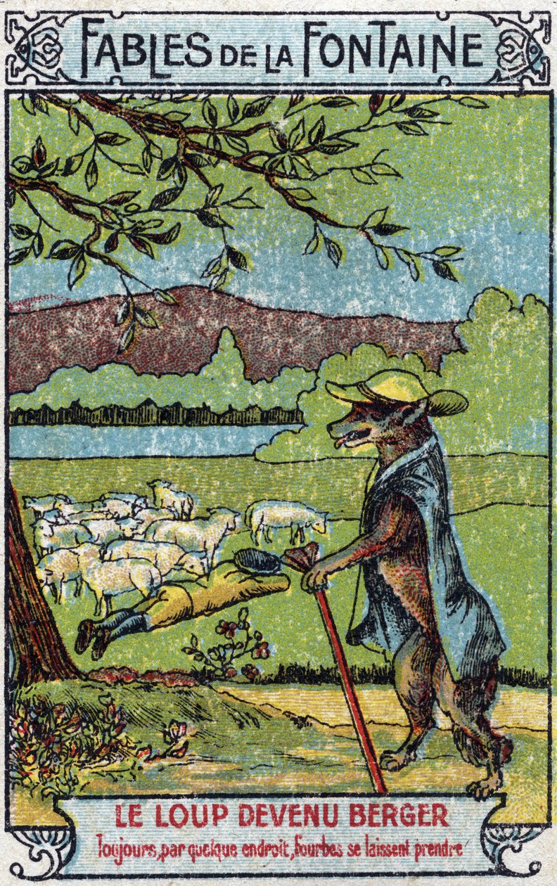 Der Wolf wurde Schäfer - Fabeln von Jean de La Fontaine (1621-95) - Chromolithographie des späten 19. Jahrhunderts Private Sammlung von Unknown artist