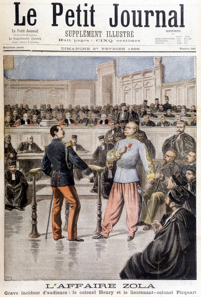 Der Fall Zola: schwerer Vorfall bei der Anhörung zwischen Oberst Hubert Henry (1846-1898) und Oberstleutnant Georges Picquart (1854-1914) - in „Le Petit Journal“ vom 27.02.1898 von Unknown artist