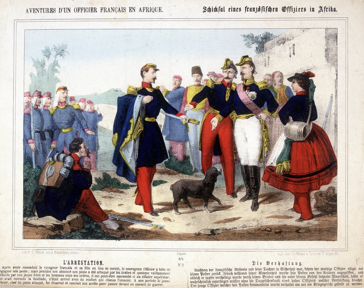 Die Abenteuer eines französischen Offiziers in Afrika. Der junge Offizier, der Anführer eines Postens, der von den Arabern angegriffen wurde, wurde entwaffnet und vor ein Kriegsgericht gebracht. von Unknown artist