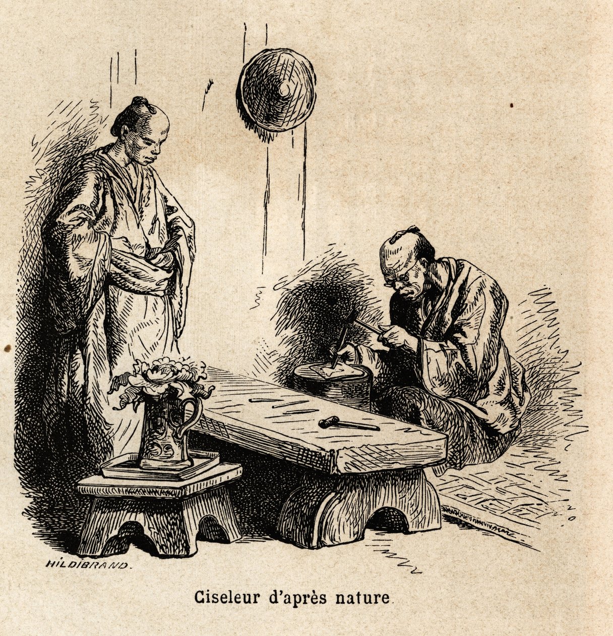 Der Naturbildhauer. Gravur zur Illustration der Reise nach Japan in den Jahren 1863-1864, von Aime Humbert, Minister der Schweizerischen Eidgenossenschaft, in „Le tour du monde, nouveau journal des voyages“, veröffentlicht unter der Leitung von Edouard Cha von Unknown artist