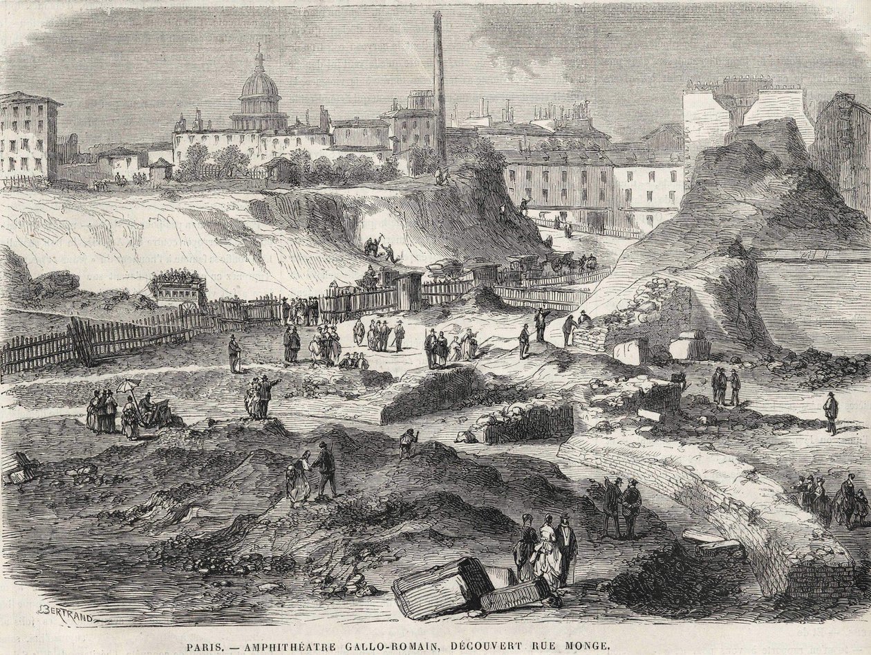 Das gallo-römische Amphitheater entdeckt in der Rue Monge in Paris im Jahr 1870, heute die Arenes de Lutèce. Gravur des 19. Jahrhunderts von Unknown artist