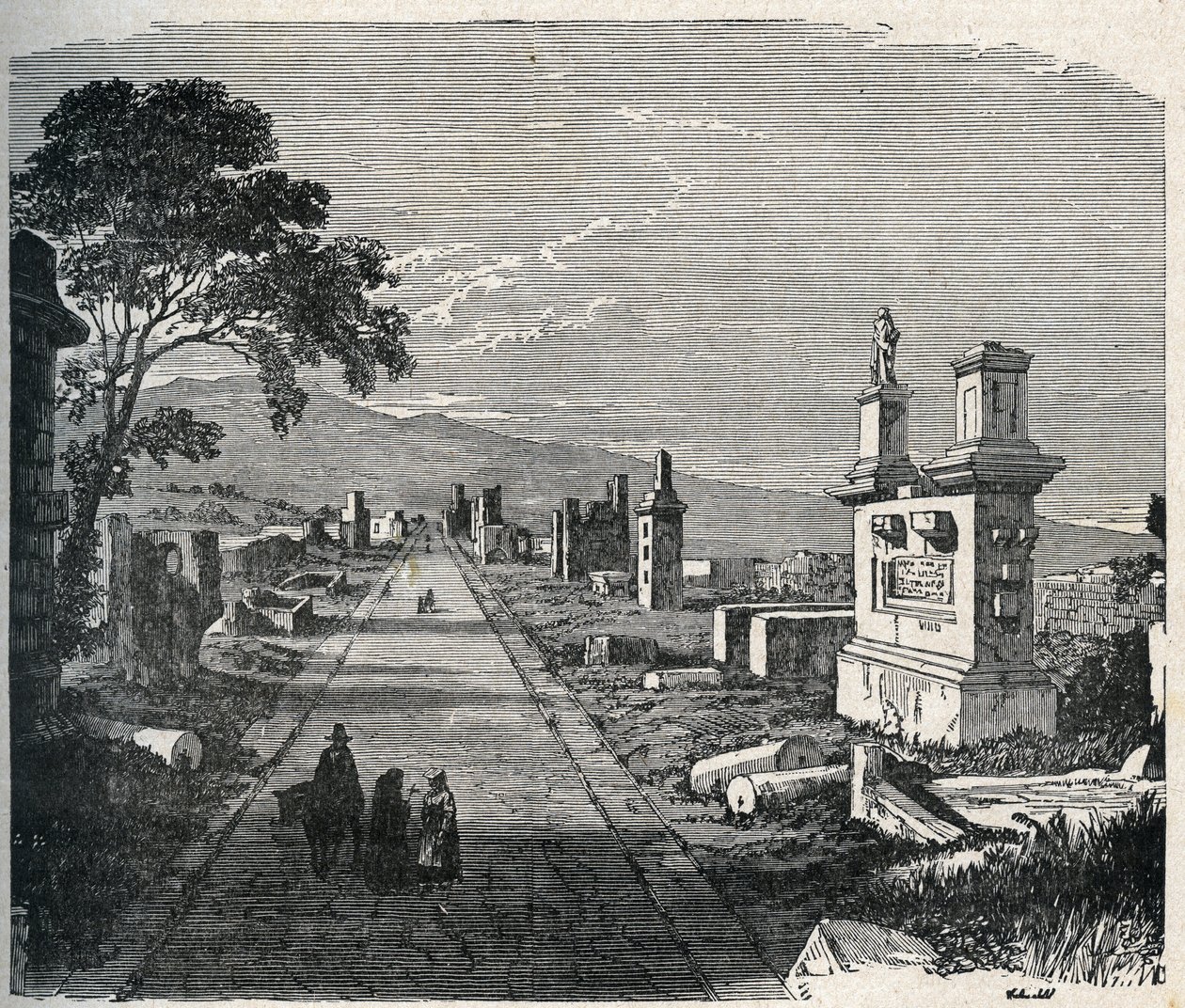 Die antike Appianische Straße, Via Appia, die die Pontinischen Sümpfe (Agro Pontino) bei Rom durchquert. Gravur des 19. Jahrhunderts. von Unknown artist