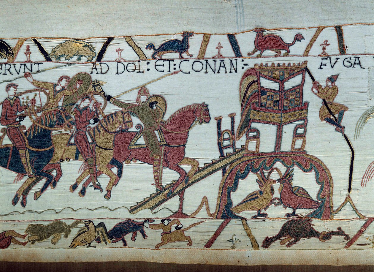 Die Armeen von Wilhelm dem Eroberer zogen aus, um gegen den Herzog der Bretagne zu kämpfen. Harold wurde gerade von Wilhelm zum Ritter geschlagen (Detail des Teppichs von Bayeux) von Unknown artist