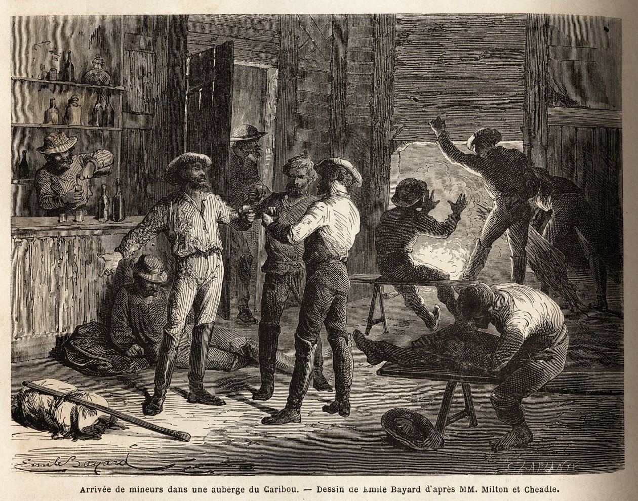 Die Ankunft der Bergleute in einem Gasthaus in Caribou (Kanada), Szenen der Entspannung und Wiedervereinigung bei einem Getränk. Illustration der Reise vom Atlantik zum Pazifik (Nordwestroute über Land), 1862-1864 von Viscount Milton und Doctor Cheadle, in von Unknown artist
