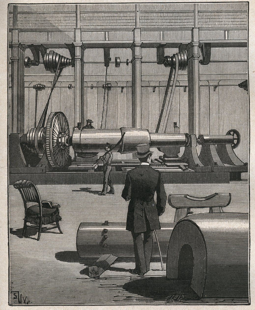 Die Kunst des Drehens: Schießen eines Stahlmonstergeschützes. Gravur von 1885 in „Les arts et métiers illustrés“ von Adolphe Bitard. von Unknown artist