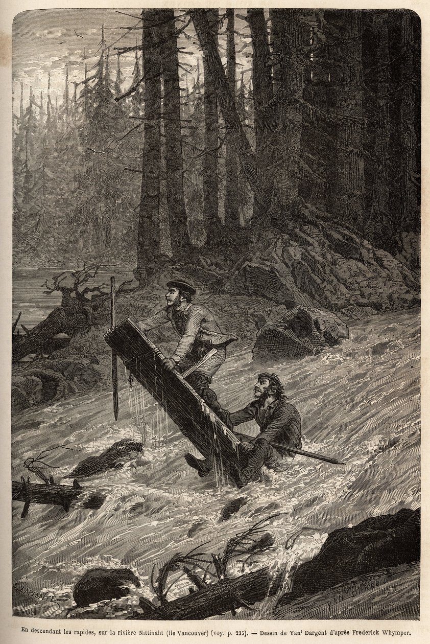 Der Autor und sein Reisender, Mcdonald, die Stromschnellen des Nittinaht-Flusses (Vancouver Island) auf einem provisorischen Floß hinunterfahrend. Gravur zur Illustration der Reise und Abenteuer in Englisch-Kolumbien, Vancouver Island und Alaska, von Frede von Unknown artist