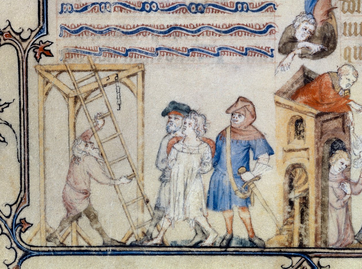 „Die Ballade der Gehängten“. Miniatur, die das Gedicht von Francois de Moncorbier dit Villon (1431/1432-1463) illustriert. 15. Jahrhundert von Unknown artist