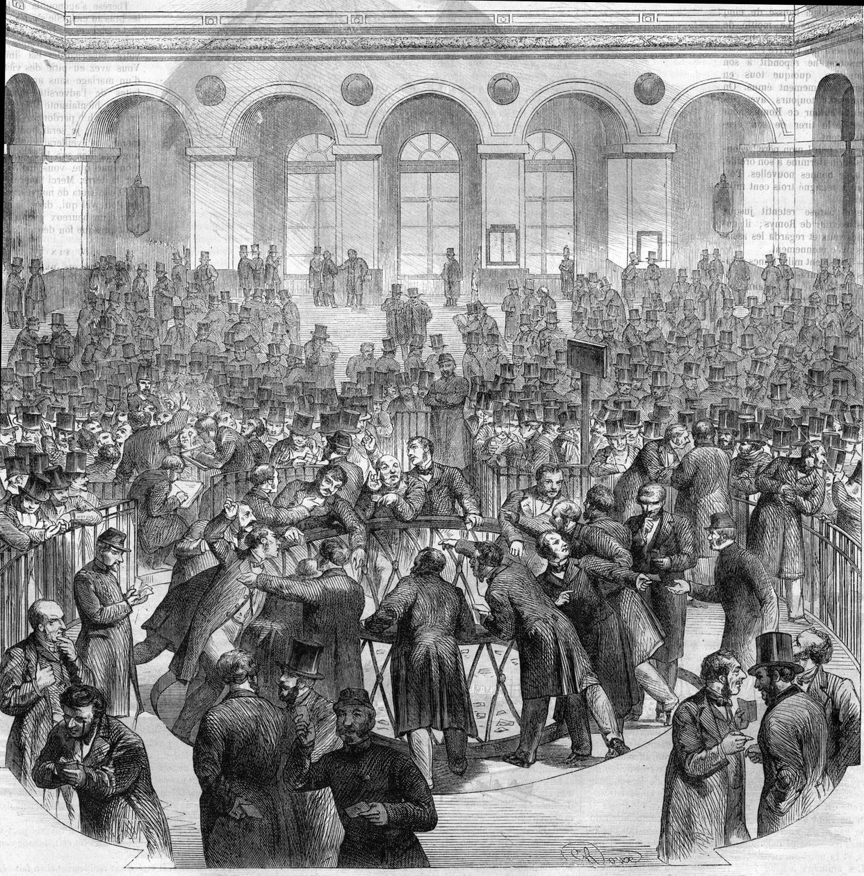 Der Korb der Börsenmakler an der Pariser Börse im Jahr 1865. Gravur nach der Zeichnung von M.G. Roux von Unknown artist
