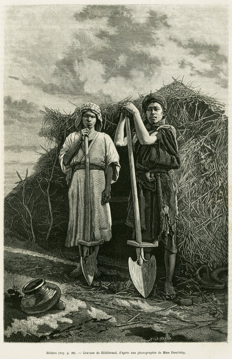 Die Bildars, Besitzer einer Hacke, sind beauftragt, die Abflüsse der Weizenfelder der Region Karoun zu graben. Gravur zur Illustration der Geschichte La Perse, la Chaldée et la Susiane von Jane Delafoy (1851-1916), Akademieoffizier, in Le tour du monde 188 von Unknown artist