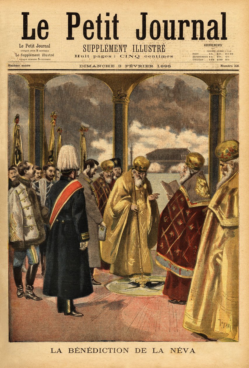 Der Segen der Newa, eine russische Tradition, die jedes Jahr während der Epiphanie in St. Petersburg stattfindet. Gravur in „Le petit journal“ 3/02/1895. Selvas Sammlung. von Unknown artist