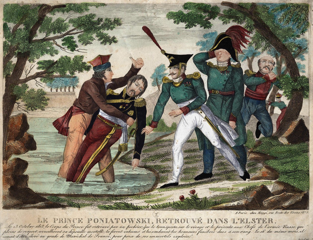 Der Leichnam von Prinz Joseph Antoni Poniatowski in der Eelster am 23. Oktober 1813, zeitgenössische Gravur von Unknown artist