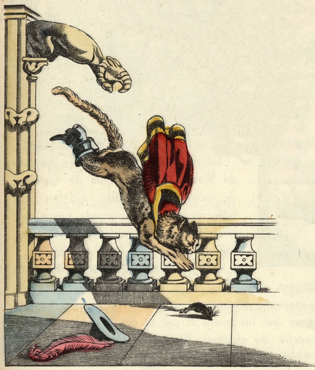Der gestiefelte Kater bittet den Oger, sich in eine Maus zu verwandeln, und springt, um ihn zu verschlingen. Illustration aus Charles Perraults Märchen „Der gestiefelte Kater“ von Unknown artist