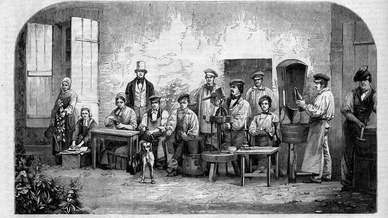 Die Abfüllung von Champagnerwein. Gravur von 1864 von Unknown artist
