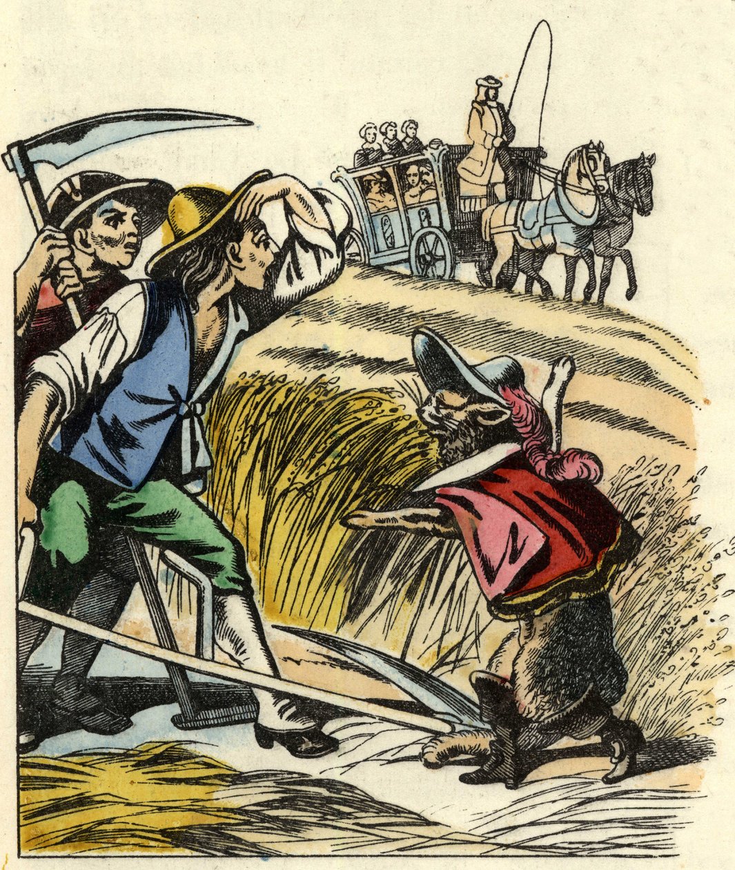 Der Kater zwingt die Bauern zu sagen, dass das Feld, auf dem sie Weizen mähen, dem Marquis de Carabas gehört. Illustration aus Charles Perraults Märchen „Der gestiefelte Kater“ von Unknown artist