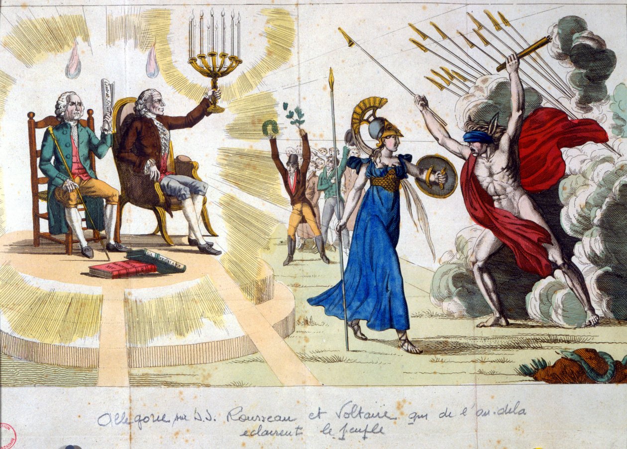 Das Jahrhundert der Aufklärung: Philosophen Jean Jacques Rousseau und Voltaire, aus der Vergangenheit, erleuchten das Volk - Allegorie von Unknown artist